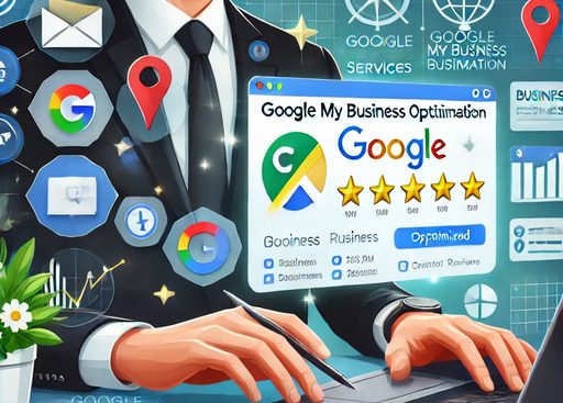 DALL·E 2024-10-28 12.11.21 - A professional digital illustration showcasing 'Google My Business Optimization Services'. The image features a business owner using a laptop, with ic (1) (1)