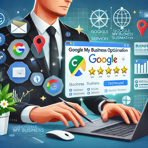 DALL·E 2024-10-28 12.11.21 - A professional digital illustration showcasing 'Google My Business Optimization Services'. The image features a business owner using a laptop, with ic (1) (1)