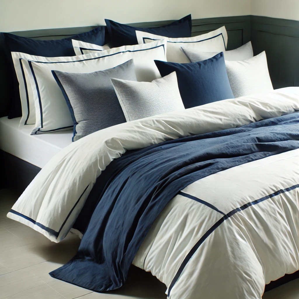 white and navy bed linen