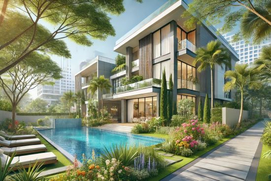 DALL·E 2024-12-12 12.49.41 - A luxurious villa surrounded by lush greenery in North Bangalore, showcasing modern architecture with sleek lines, large windows, and a private swimmi (1) (2)