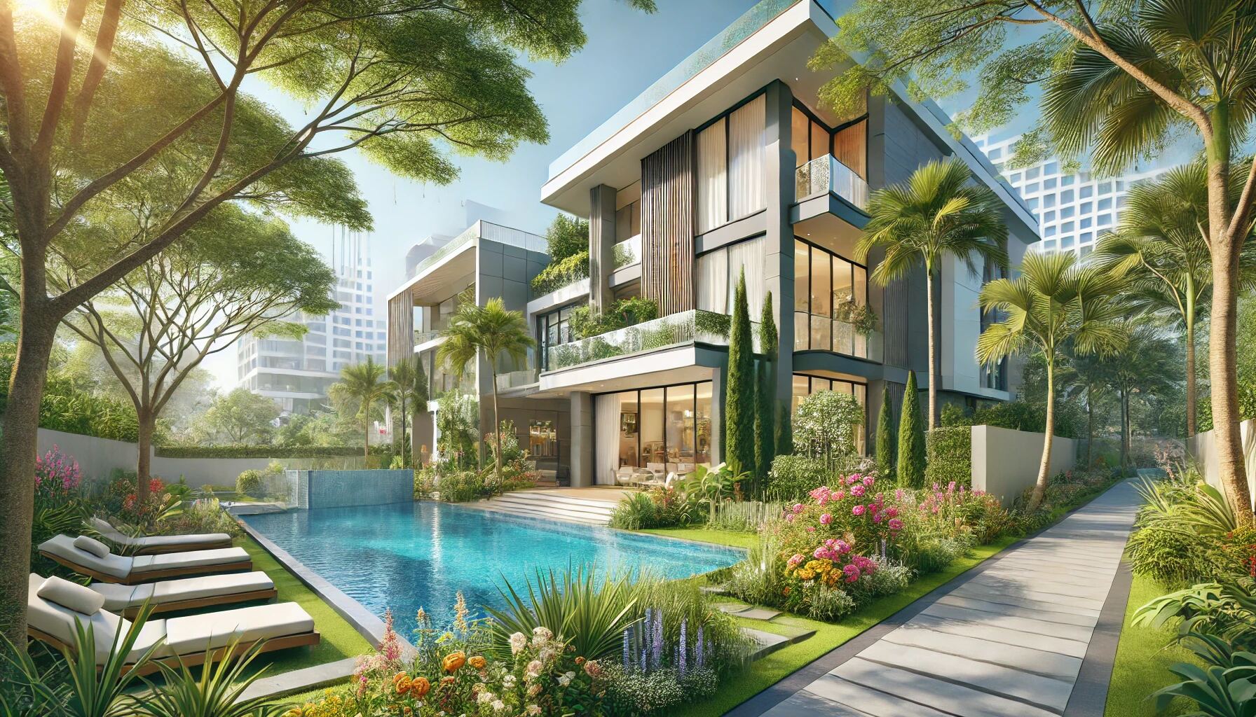 DALL·E 2024-12-12 12.49.41 - A luxurious villa surrounded by lush greenery in North Bangalore, showcasing modern architecture with sleek lines, large windows, and a private swimmi (1) (2)